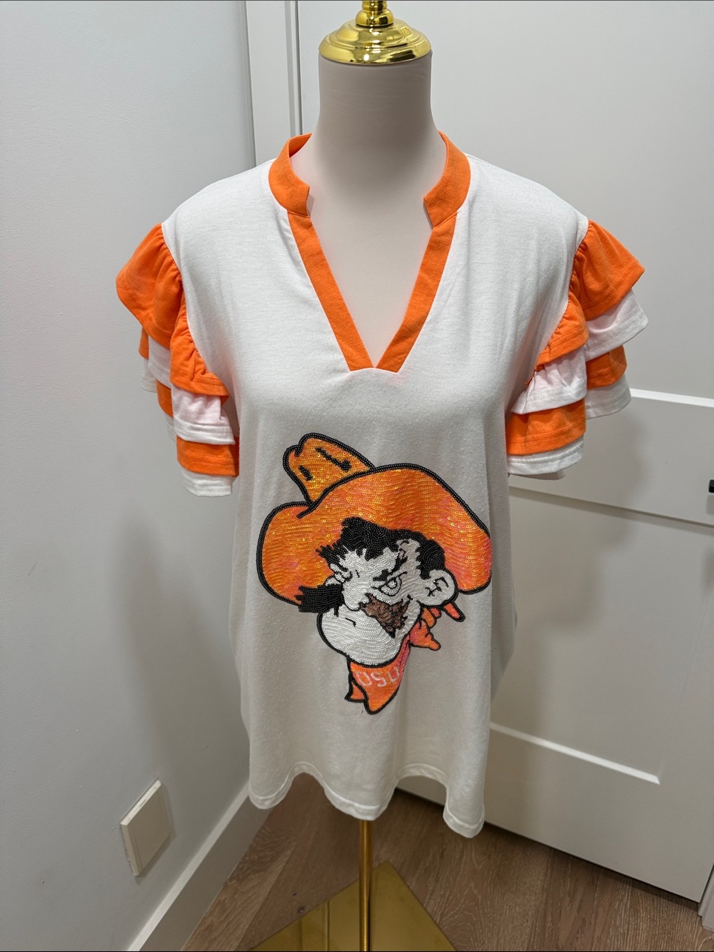 Pistol Pete OSU Orange & White Graphic Ruffle-Sleeve Top